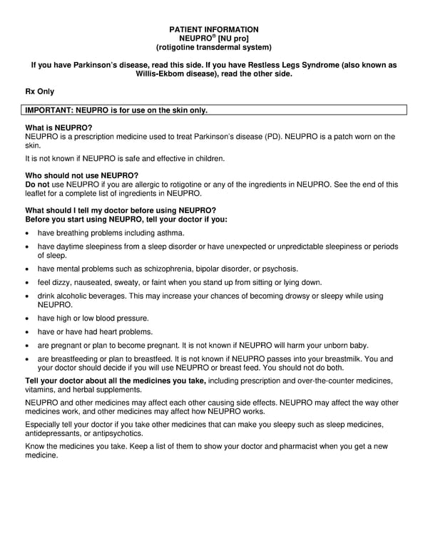 Patient Information for Parkinson's Disease - Page 1